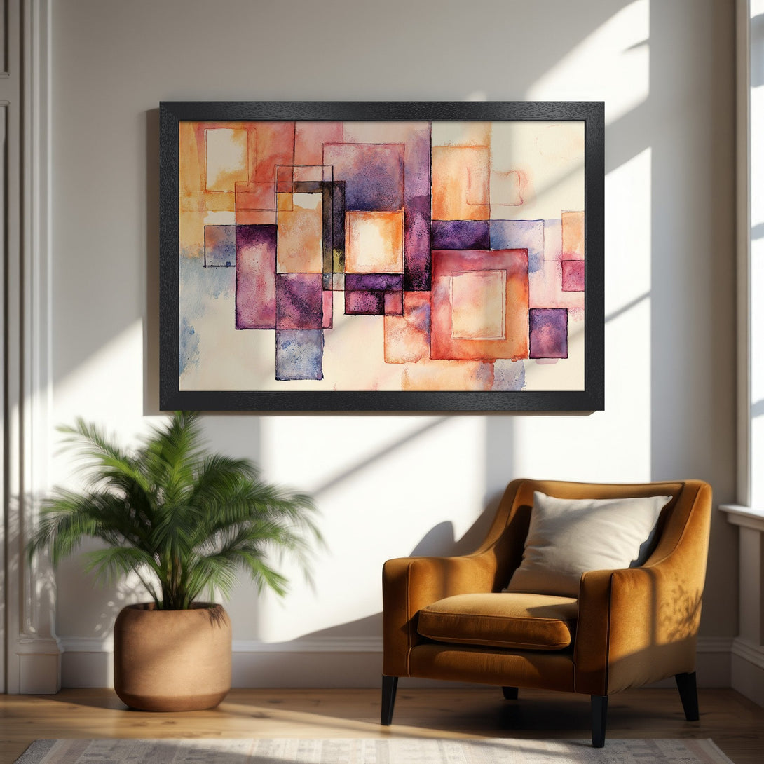 Framed Poster featuring abstract watercolor squares in warm orange, purple, and beige tones. Modern art for your home decor.