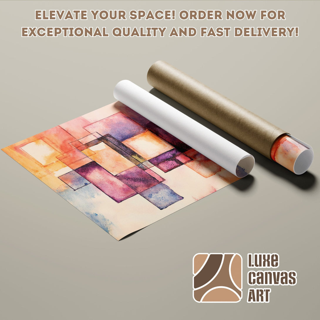 Abstract watercolor Poster Roll in warm orange, purple, and blue hues. Elevate your space!