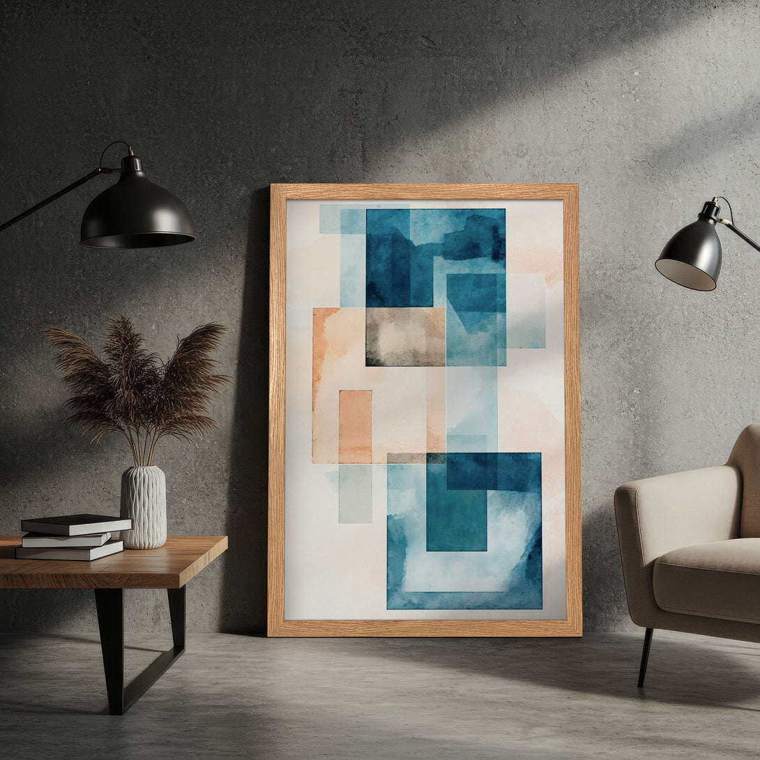 Framed Poster featuring abstract watercolor art in blue and peach tones, perfect for modern home decor.