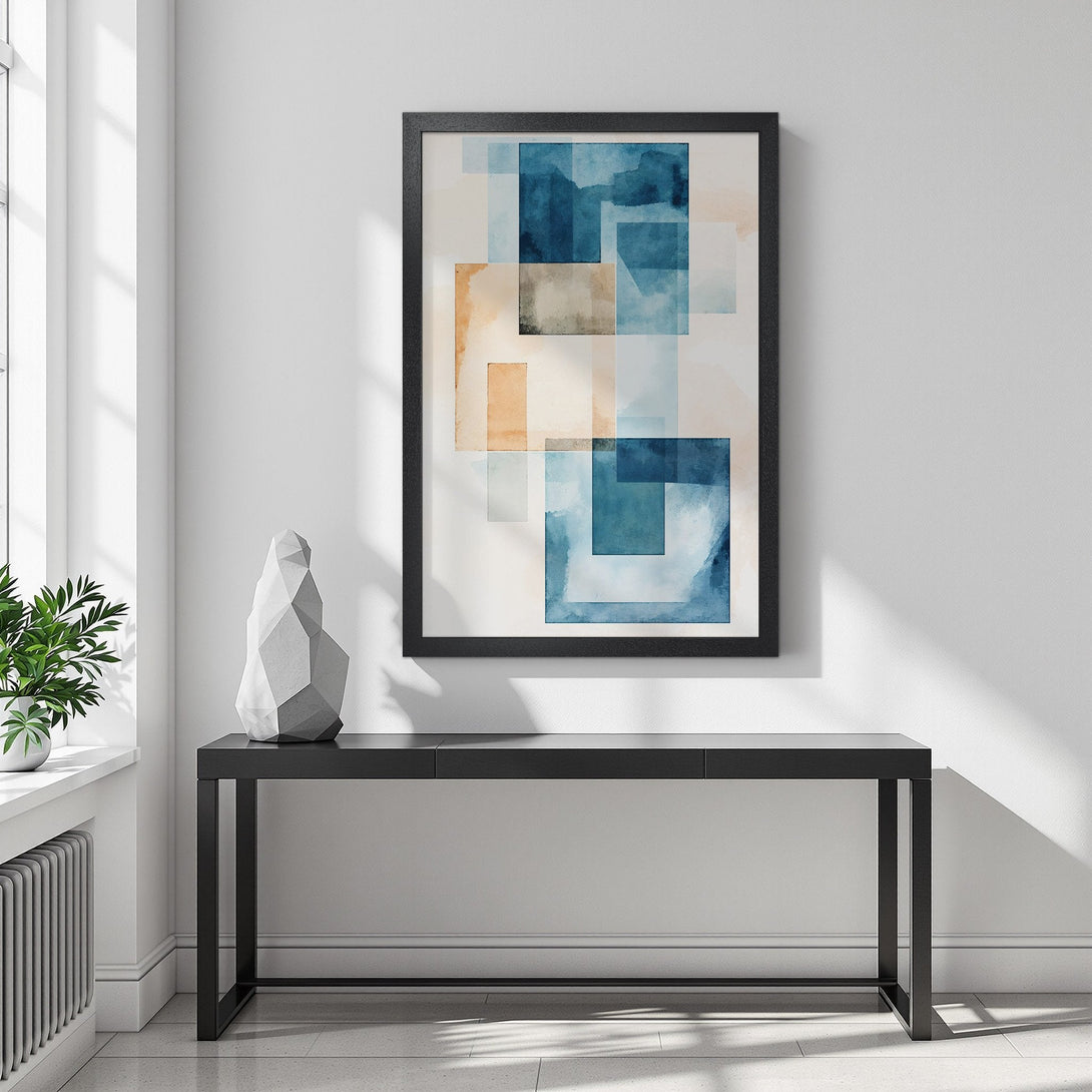 Framed Poster featuring abstract watercolor art in blue and beige hues. Modern art print for home decor.