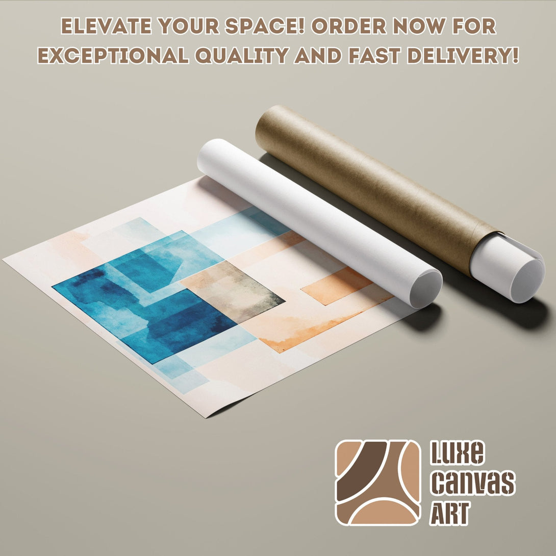 Abstract art Poster Roll in blue, peach, and neutral tones. Elevate your space with fast delivery!