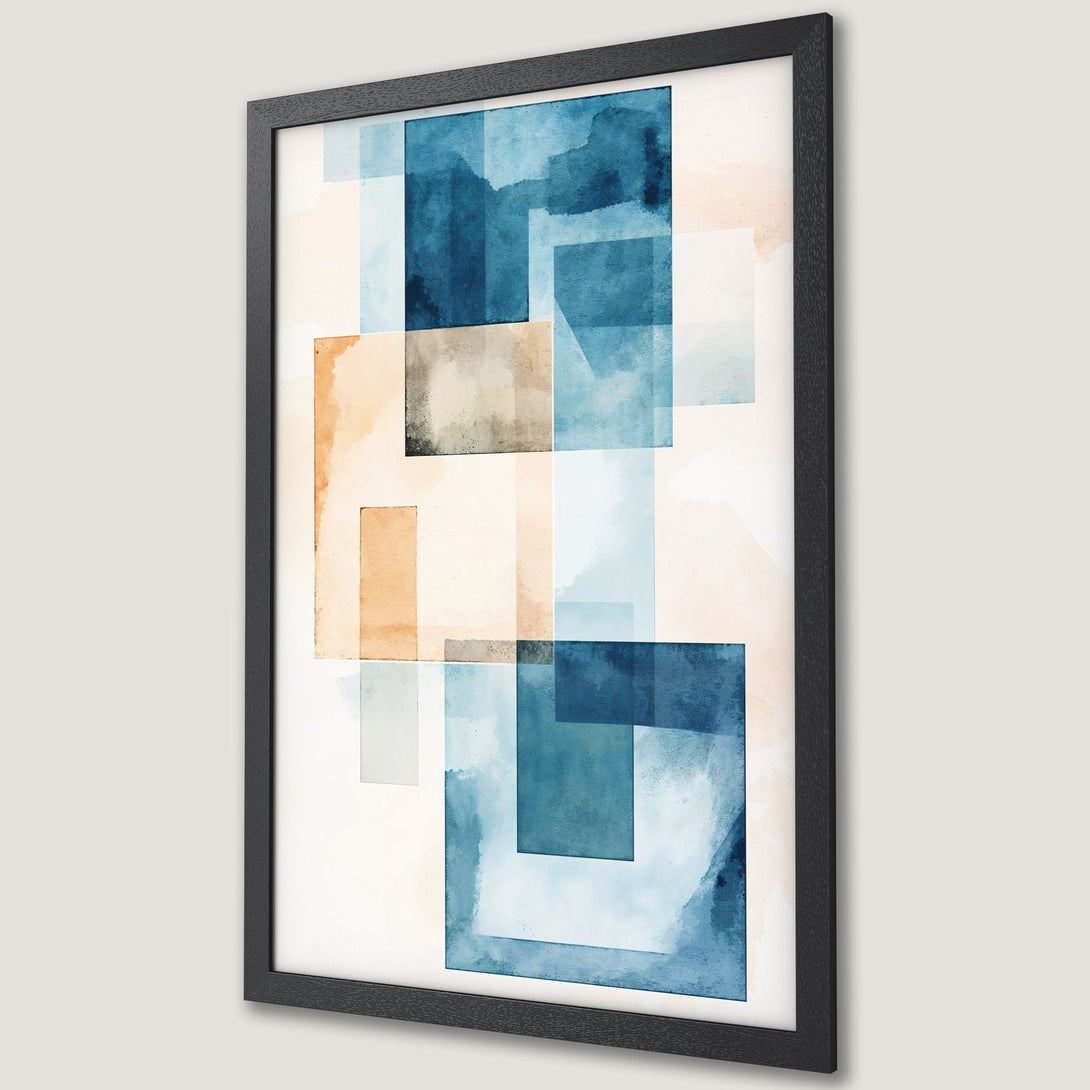 Framed Poster featuring abstract watercolor art in blue and beige tones. Modern wall decor for any space.