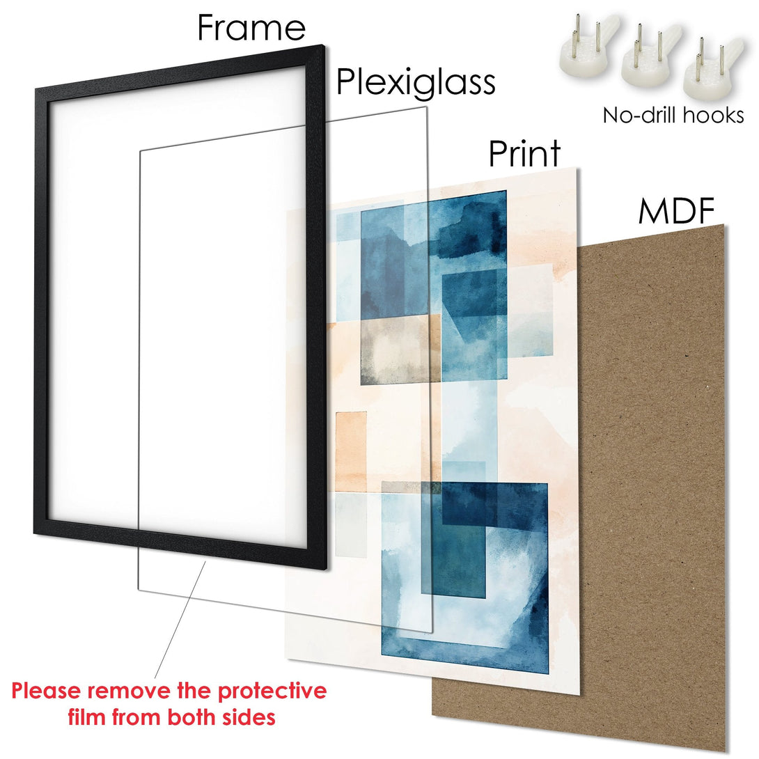 Framed Poster with abstract geometric art in blue and beige tones. Modern wall decor for your home.