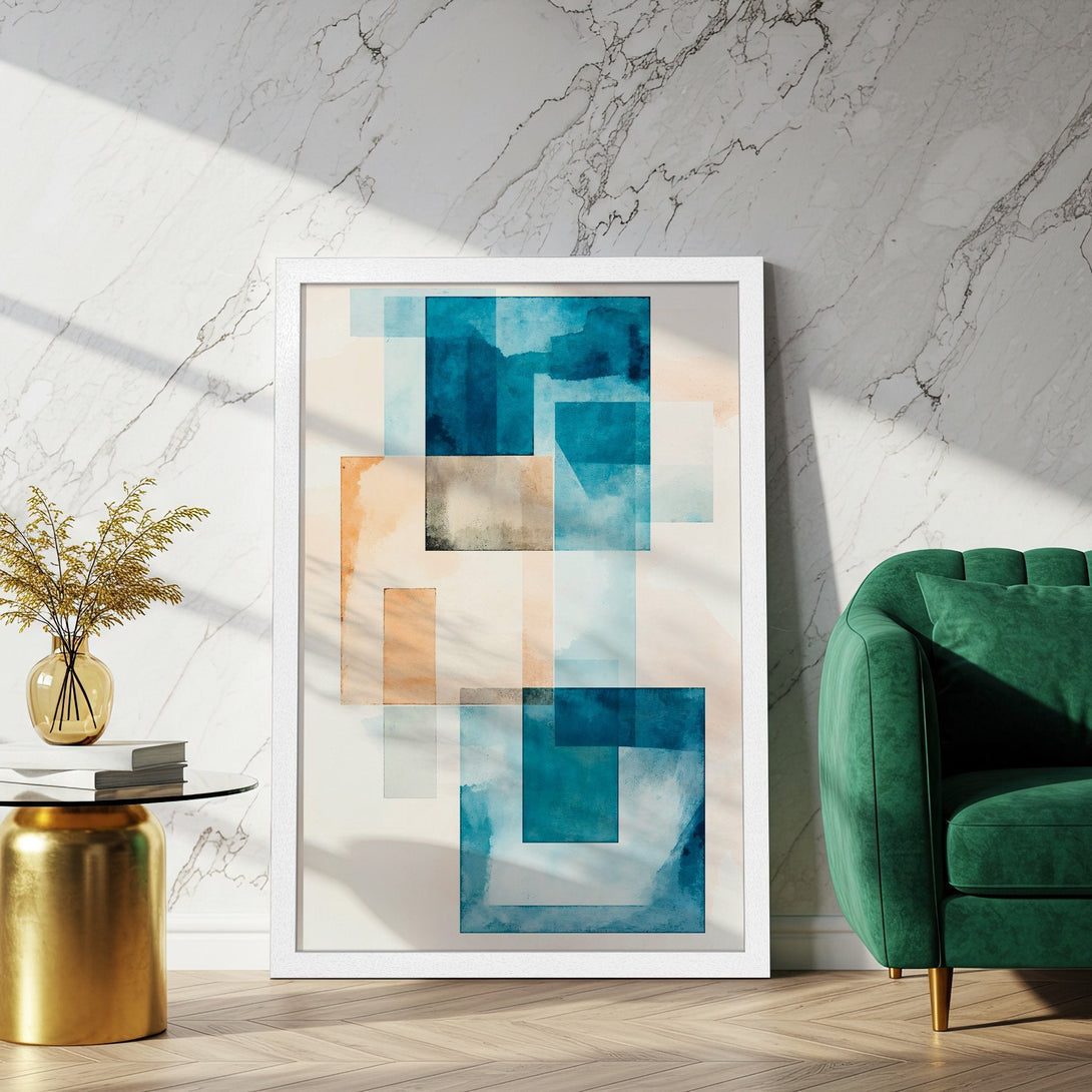 Framed Poster featuring abstract watercolor art in teal, beige, and peach tones. Modern art style for your home decor.