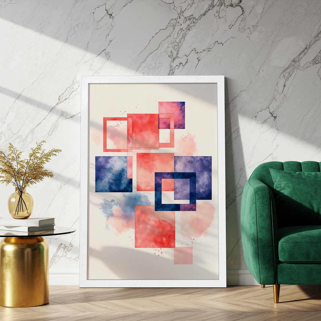 Framed Poster with abstract watercolor design in red and blue hues. Modern art for home decor.