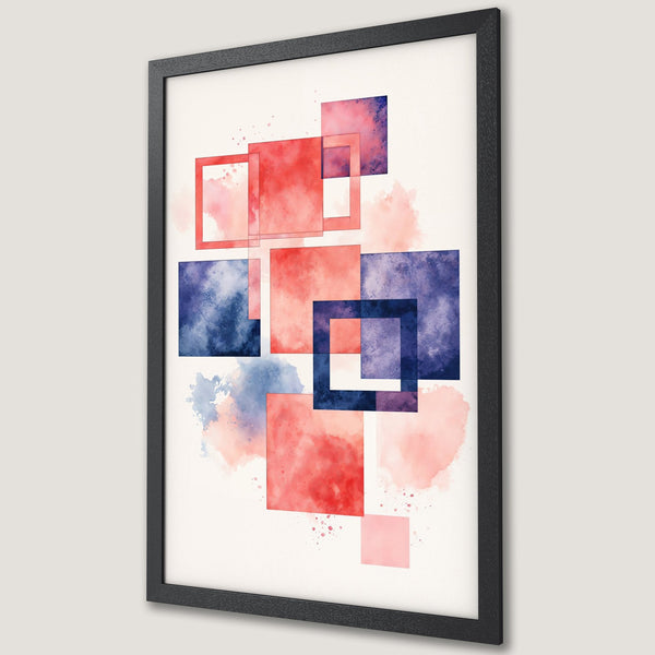 Framed Poster featuring abstract watercolor design with red, blue, and pink squares. Modern art print for home decor.