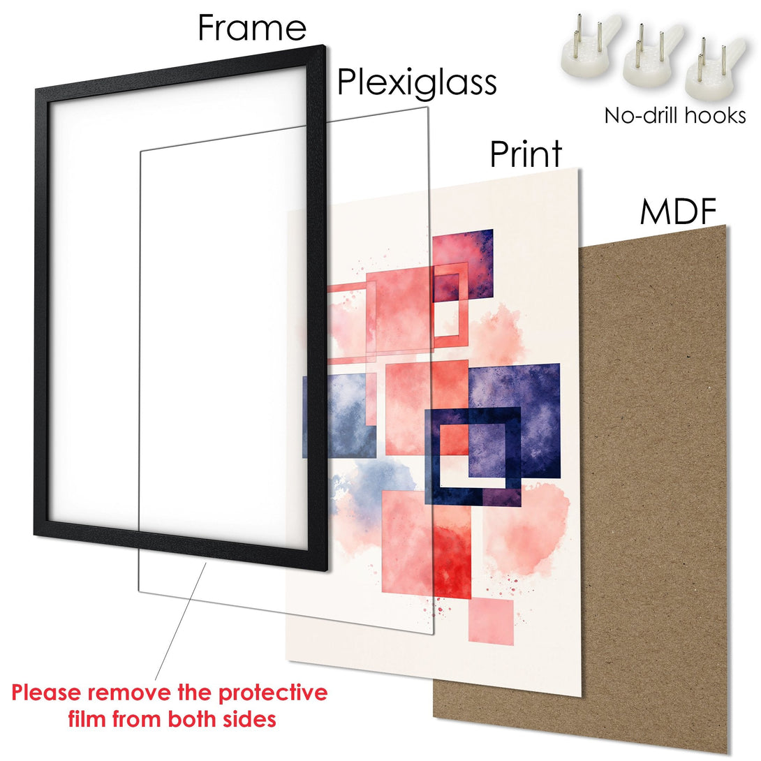 Framed Poster with abstract watercolor design in red and blue hues. Modern art for your home!