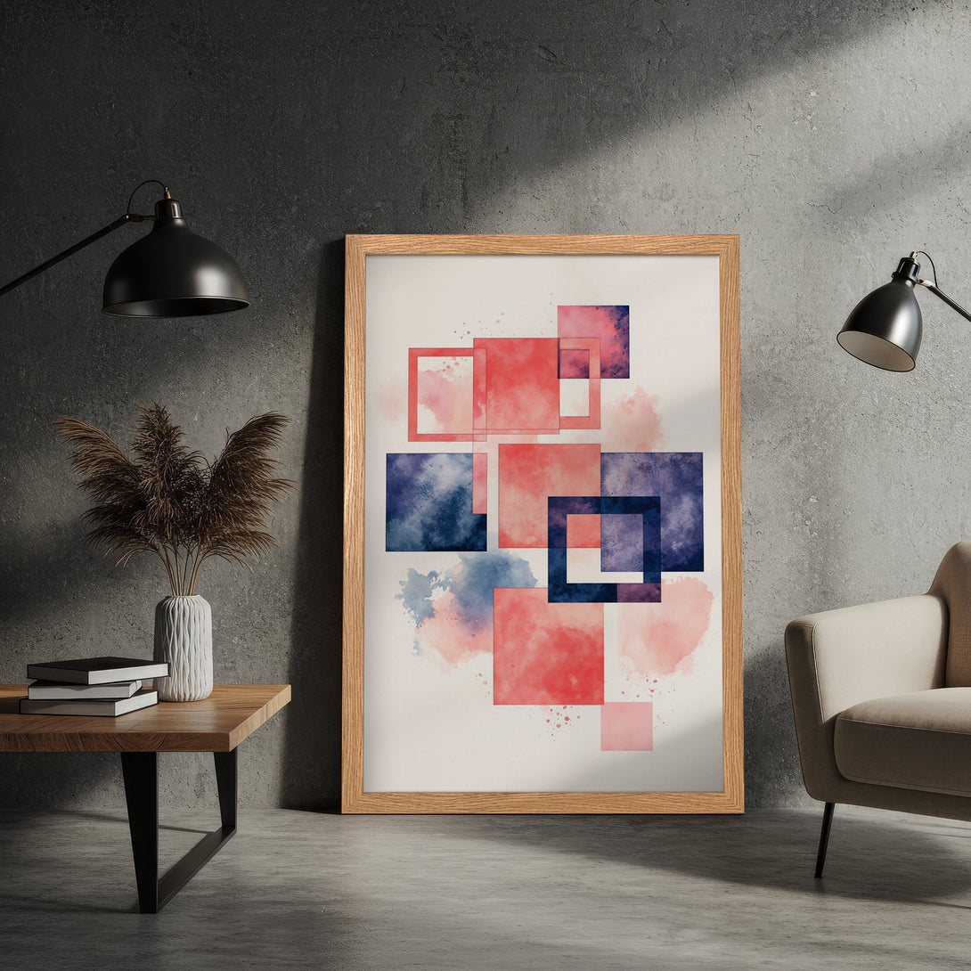 Framed Poster featuring abstract watercolor squares in red and blue hues. Modern art print for home decor.
