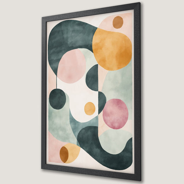 Framed Poster featuring abstract art with organic shapes in muted teal, pink, and gold. Modern wall art for a stylish home.