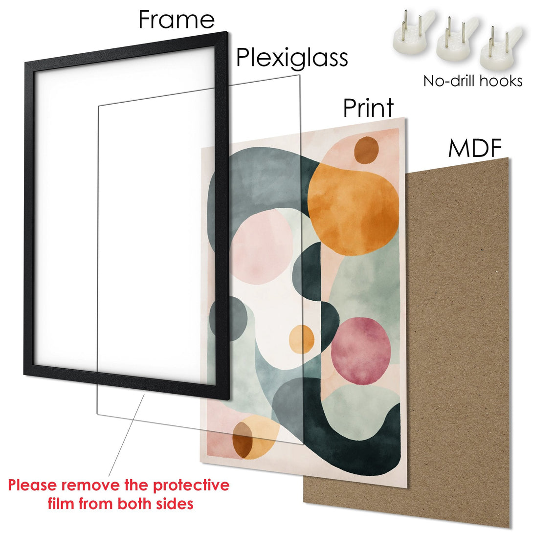 Framed Poster with abstract art in muted colors. Perfect wall decor for any room. Easy to hang.