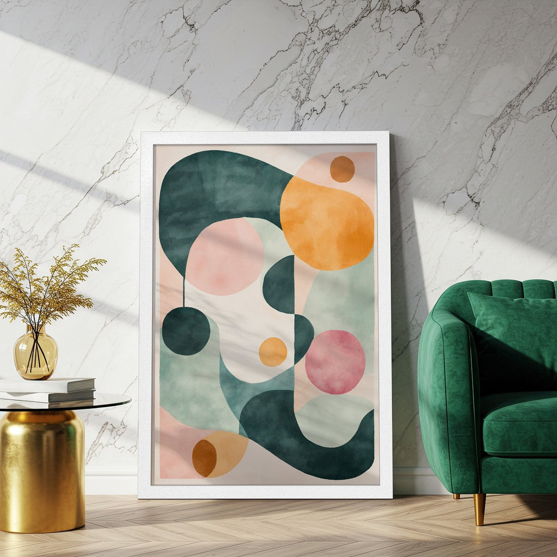 Framed Poster featuring abstract watercolor art in teal, peach, and pink hues. Modern wall decor for your home.