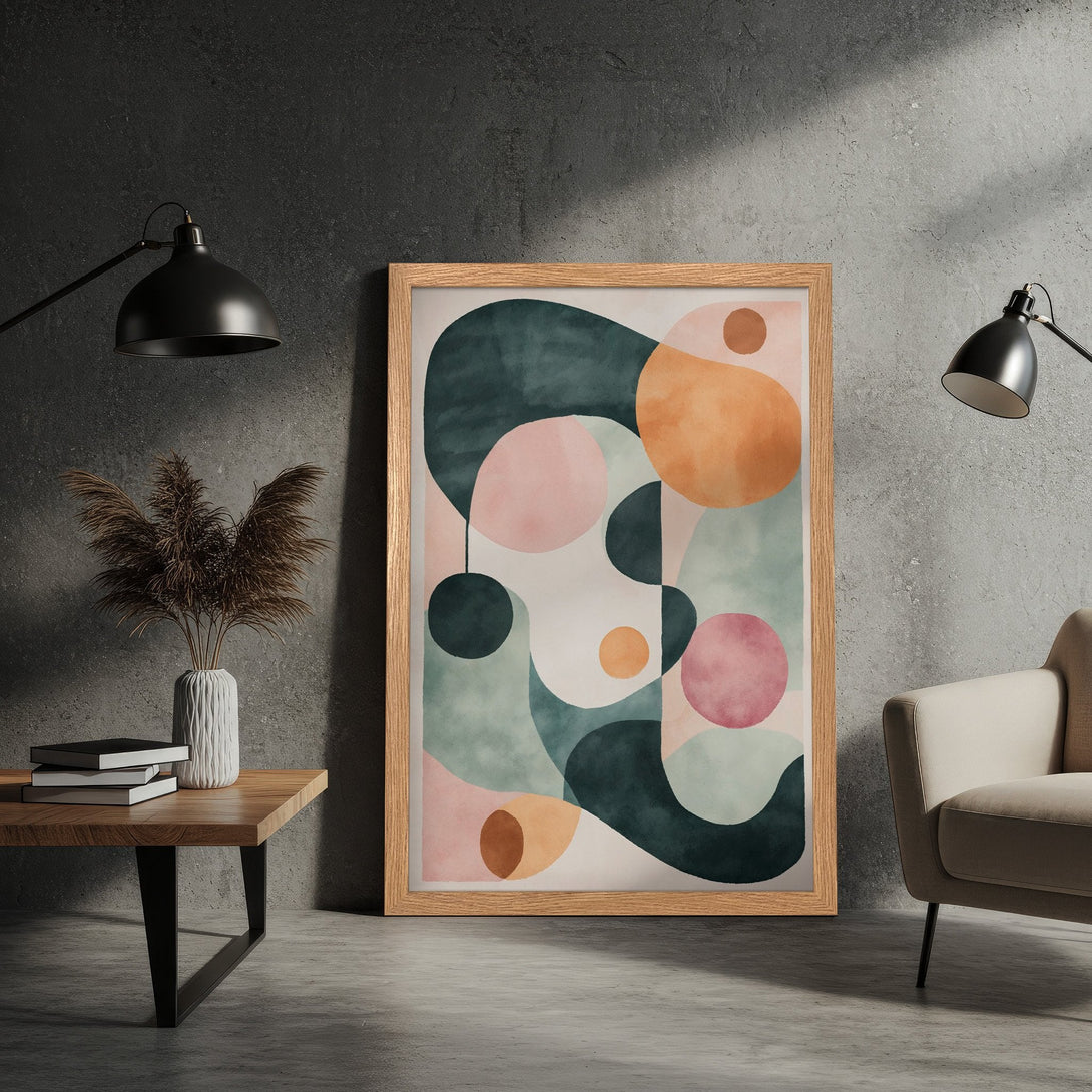 Framed Poster featuring abstract art in pastel colors. Modern wall decor with a minimalist style and a calming color palette.