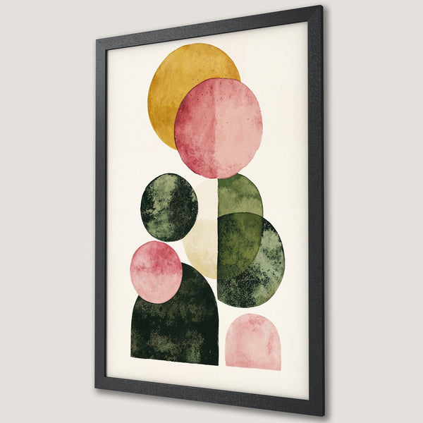 Framed Poster featuring abstract watercolor circles in pink, green, and gold. Stylish art print for modern decor.