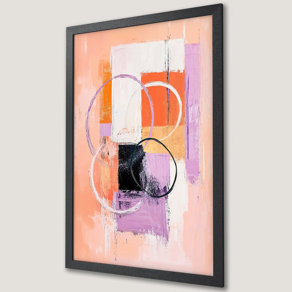 Framed Poster featuring abstract art with geometric shapes, brushstrokes, and a warm color palette of peach, orange, and purple. Modern wall decor.