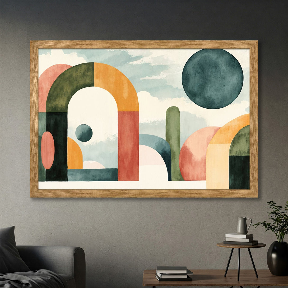 Framed Poster featuring abstract geometric art in a warm, earthy color palette. Perfect modern wall decor for any space.