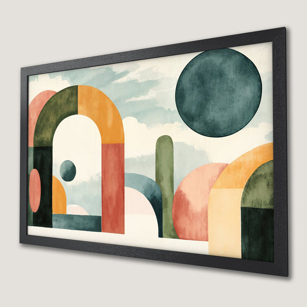Framed Poster featuring an abstract geometric design in earthy tones. Modern art print perfect for any space.