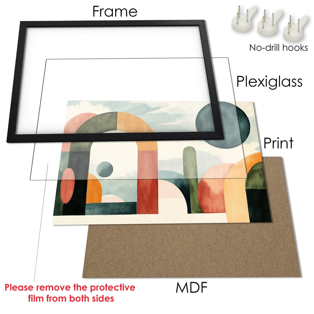 Framed Poster with abstract art in a modern style. Features a warm color palette of orange, pink, and green. Perfect wall decor!