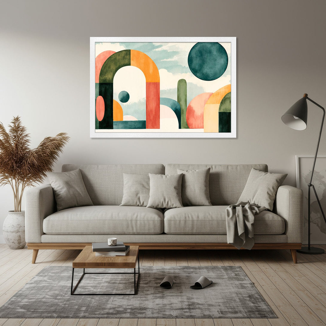 Framed Poster featuring abstract geometric art in watercolor style with a warm, earthy color palette. Perfect wall decor!
