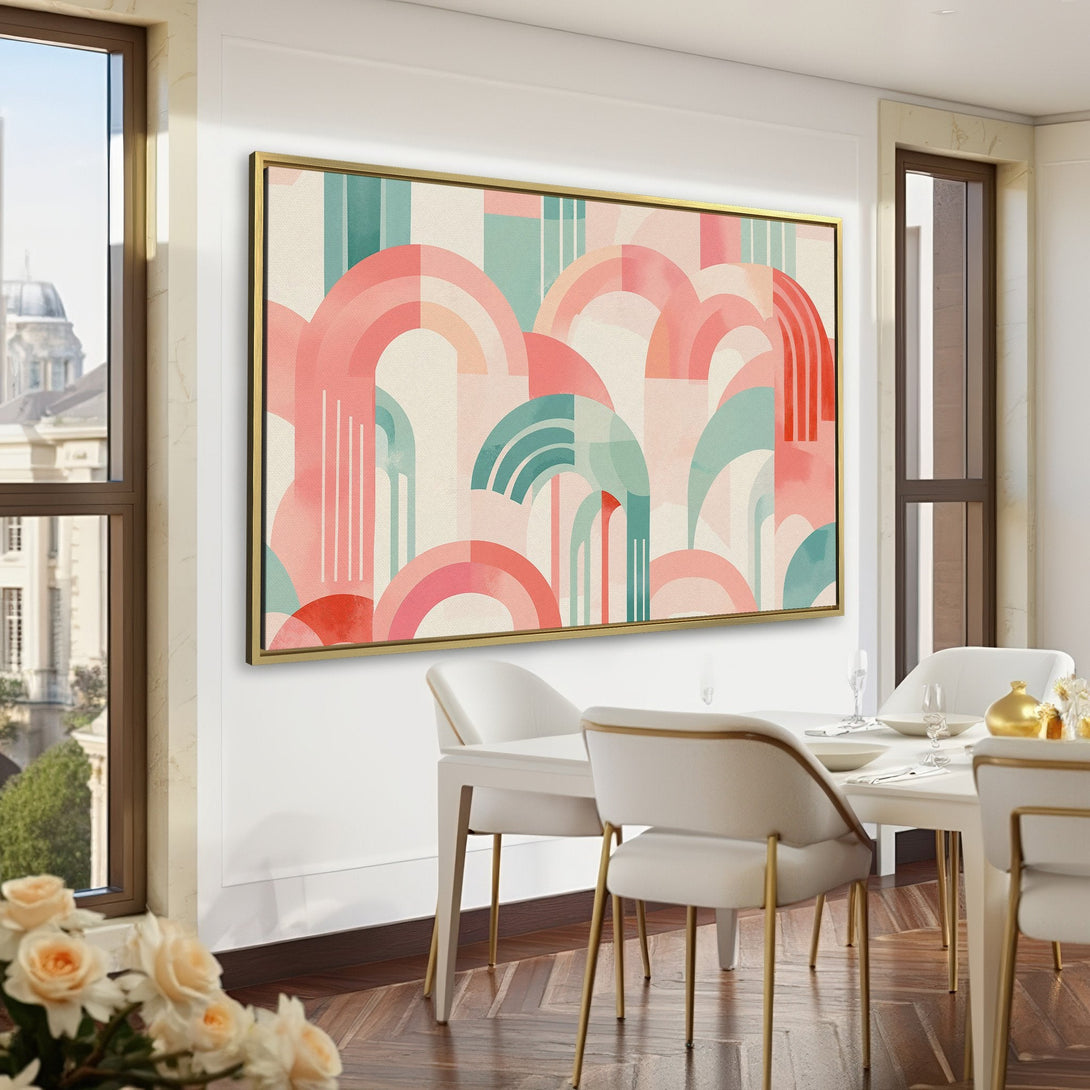 Canvas Print: Abstract art in pink, teal, and cream. Modern wall decor for home office. Adds a pop of color to any space.