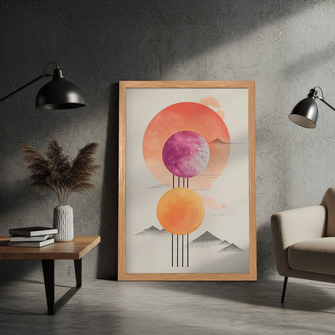 Framed Poster featuring an abstract geometric design with warm orange, pink, and yellow tones. Modern art style, perfect for home decor.