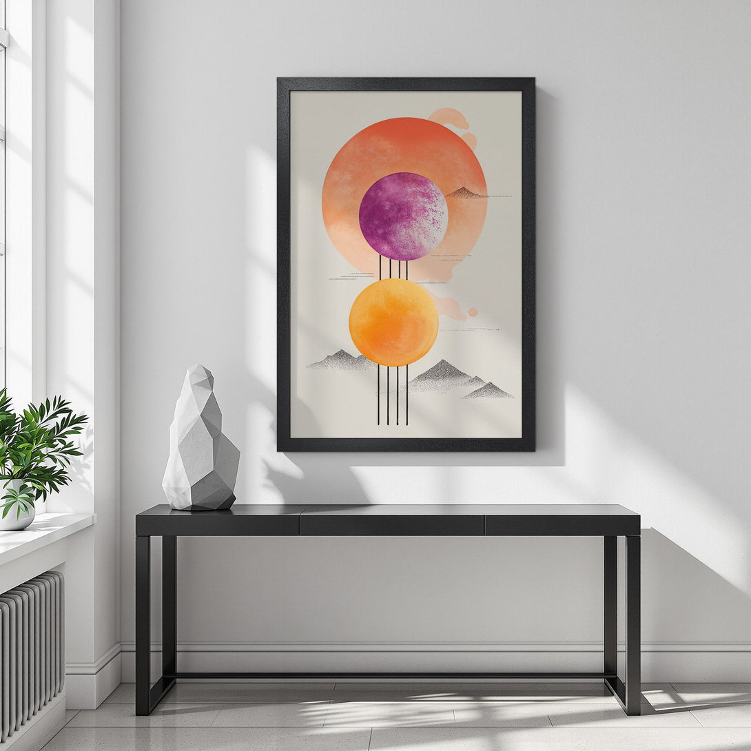 Framed Poster with abstract geometric art in warm orange, purple, and yellow tones. Modern art for home decor.