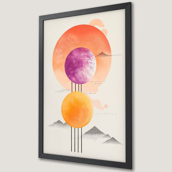 Framed Poster featuring an abstract design with orange, purple, and yellow circles on a neutral background. Modern art style.