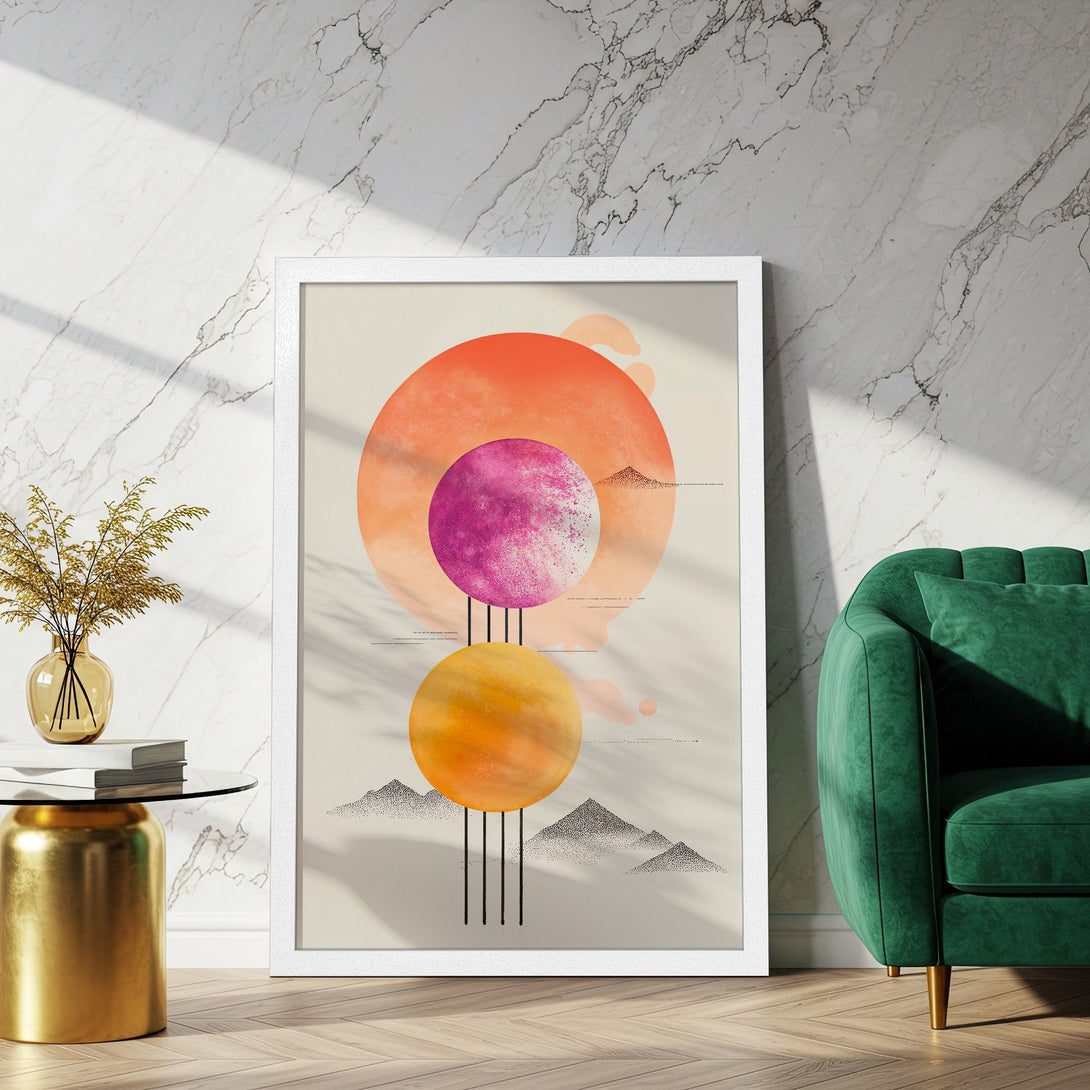 Framed Poster featuring abstract geometric art in warm orange, pink, and yellow tones. Modern art print for home decor.