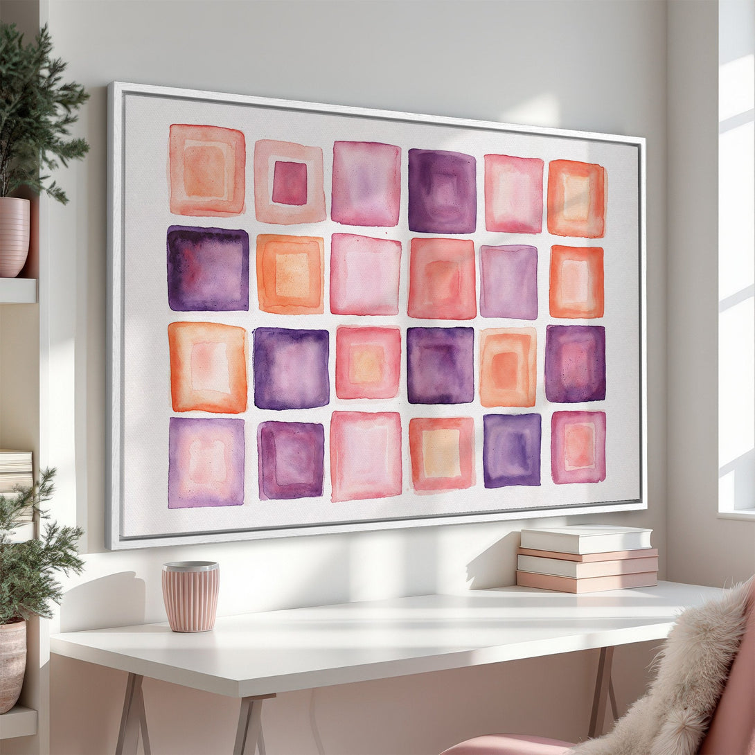 Framed Wall Art: Abstract watercolor print in pink, purple, and orange squares. Modern art for home decor, adds a pop of color to your space.