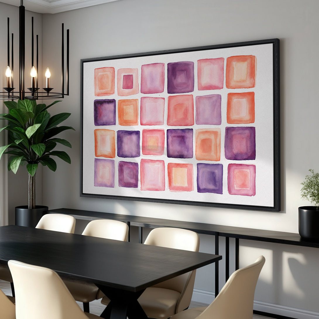 Framed Wall Art featuring watercolor squares in a warm purple and orange palette. Modern abstract art perfect for dining rooms and living spaces.