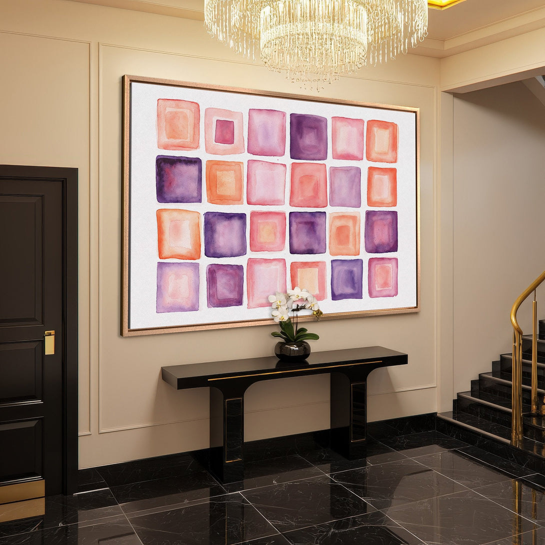 Framed Wall Art: Abstract watercolor squares in pinks, purples, and orange. Modern art for your home decor.