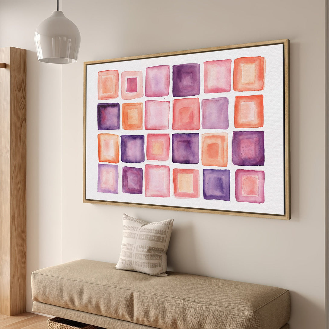 Framed Wall Art featuring watercolor squares in a warm pink, orange, and purple palette. Modern art perfect for adding color and style to any space.