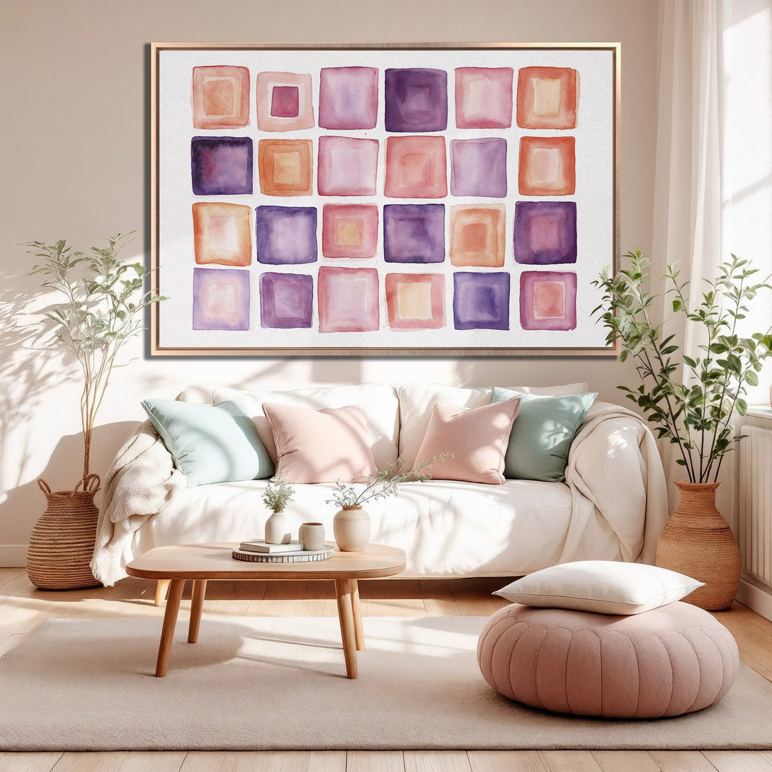 Framed Wall Art featuring watercolor squares in a warm, inviting color palette of pinks, purples, and oranges. Perfect for adding a touch of art to your home!