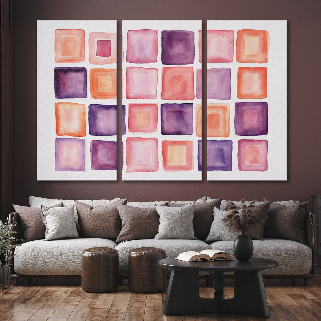 Canvas Print: Abstract watercolor squares in purple, pink, and orange. Modern art for your living room. Enhance your space with this stylish wall art.