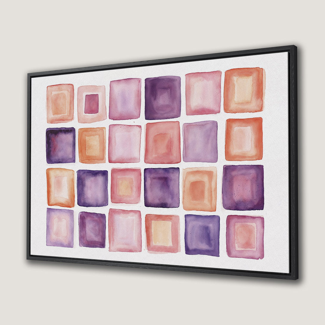 Framed Wall Art featuring watercolor squares in a warm, inviting palette of pinks, purples, and oranges. Add a touch of modern art to your space!