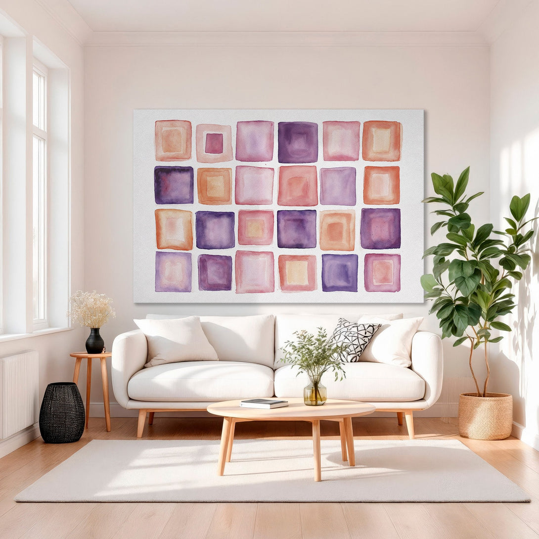 Framed Wall Art: Abstract watercolor squares in pinks, purples, and oranges. Modern art canvas print adds a pop of color to any room.