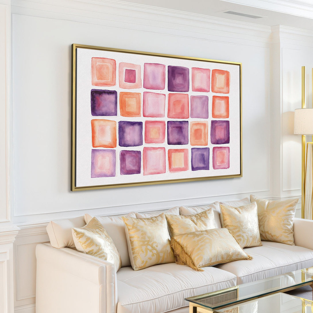 Canvas Print featuring watercolor squares in a warm, inviting color palette of pinks, purples, and oranges. Modern art for your home!