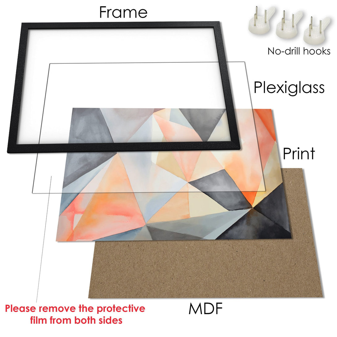 Framed Poster featuring an abstract geometric design in a watercolor style with a warm, neutral color palette.