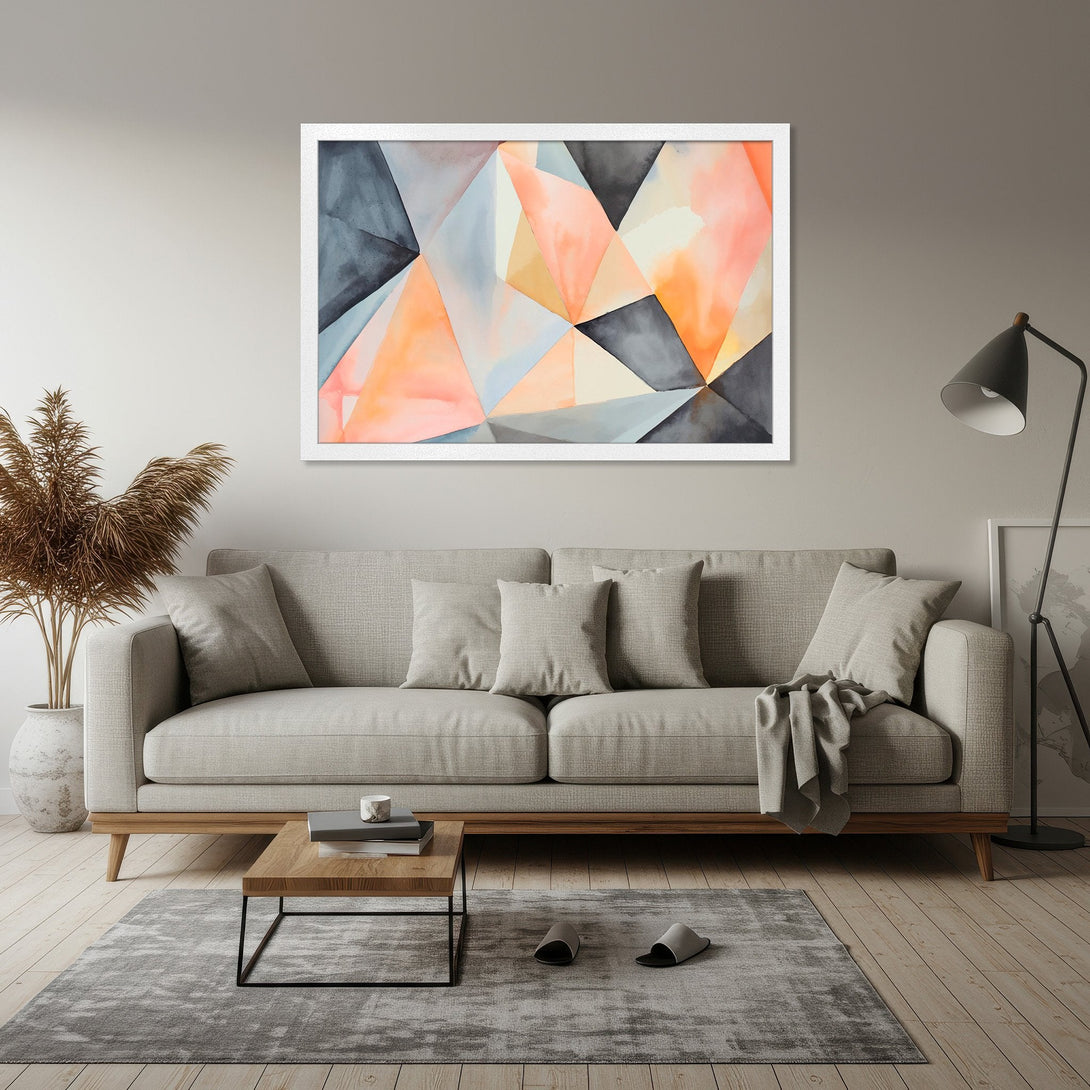 Framed Poster featuring abstract geometric art in a warm, modern style with a neutral and coral color palette. Perfect for home decor!