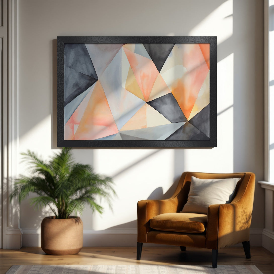 Framed Poster featuring abstract geometric art in a warm, neutral color palette. Modern wall decor for any space.