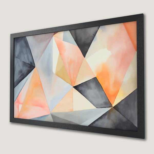Framed Poster featuring abstract geometric art in watercolor style, with a warm color palette of orange, gray, and beige.