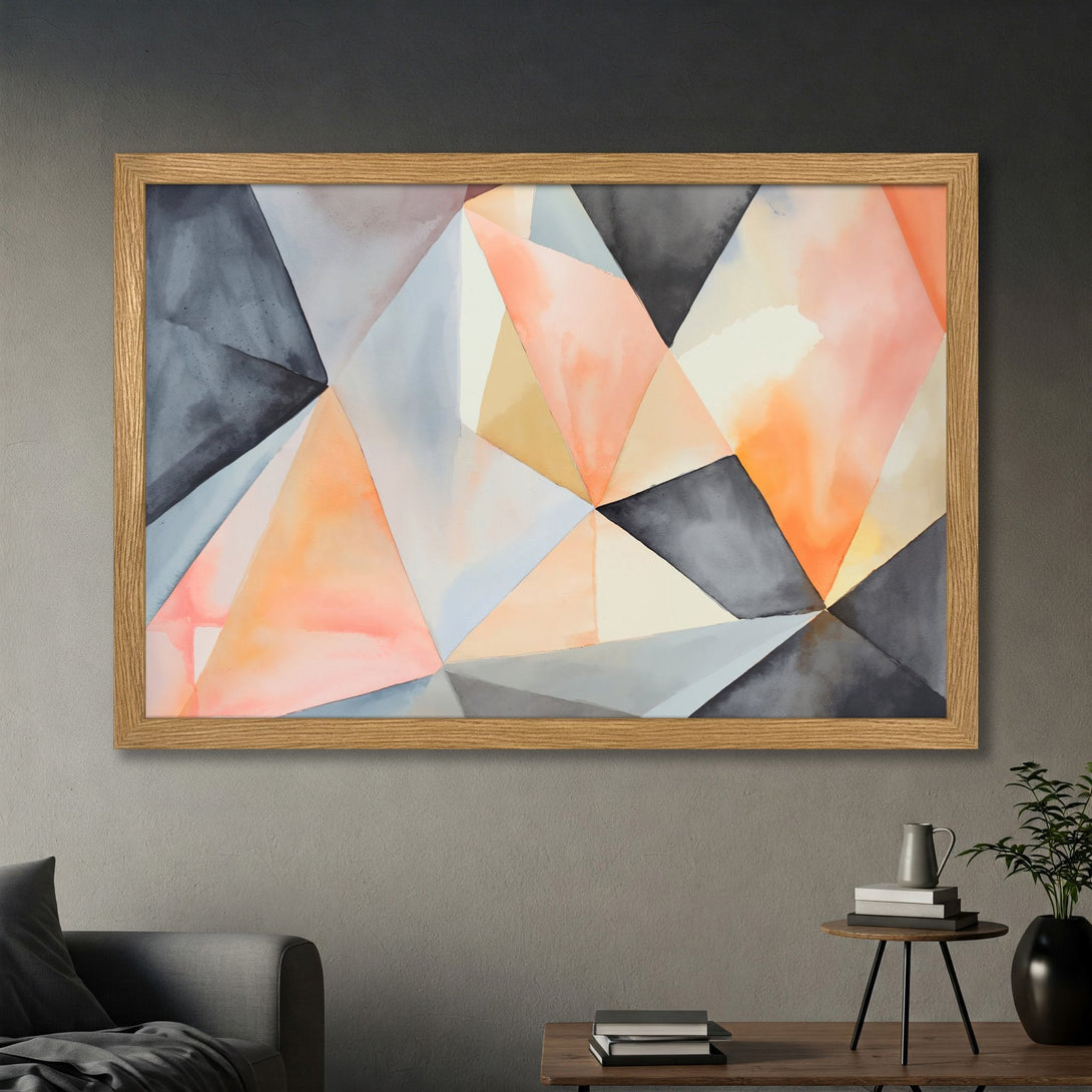 Framed Poster featuring geometric abstract art in a watercolor style with a soft peach, gray, and beige color palette. Perfect for modern decor!