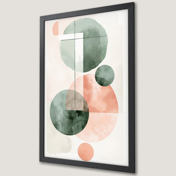 Framed Poster featuring abstract geometric art with watercolor circles in muted green and coral tones. Modern wall decor.