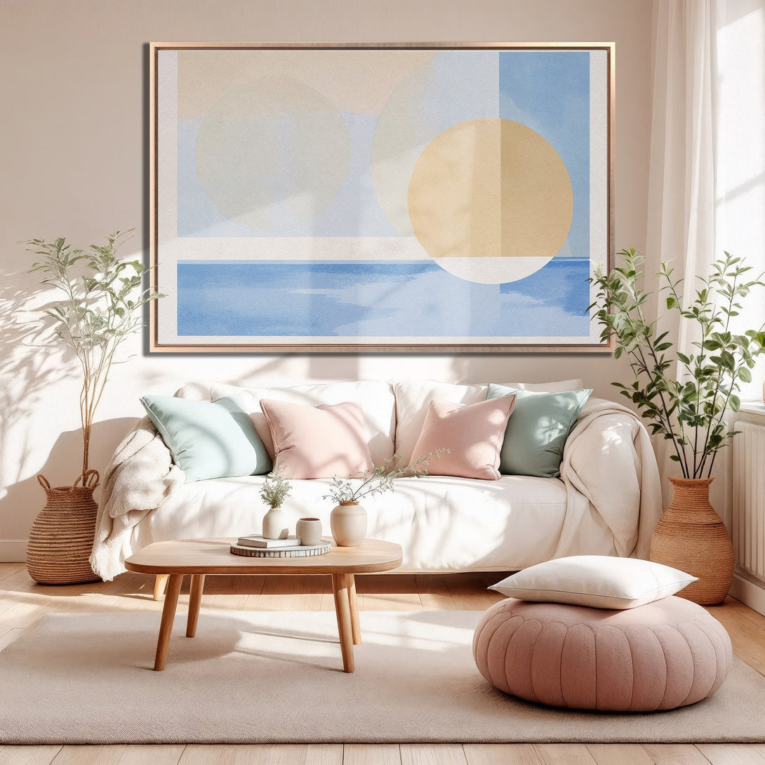Framed Wall Art featuring abstract geometric shapes in a calming blue and beige palette, perfect for modern home decor. Canvas Print.