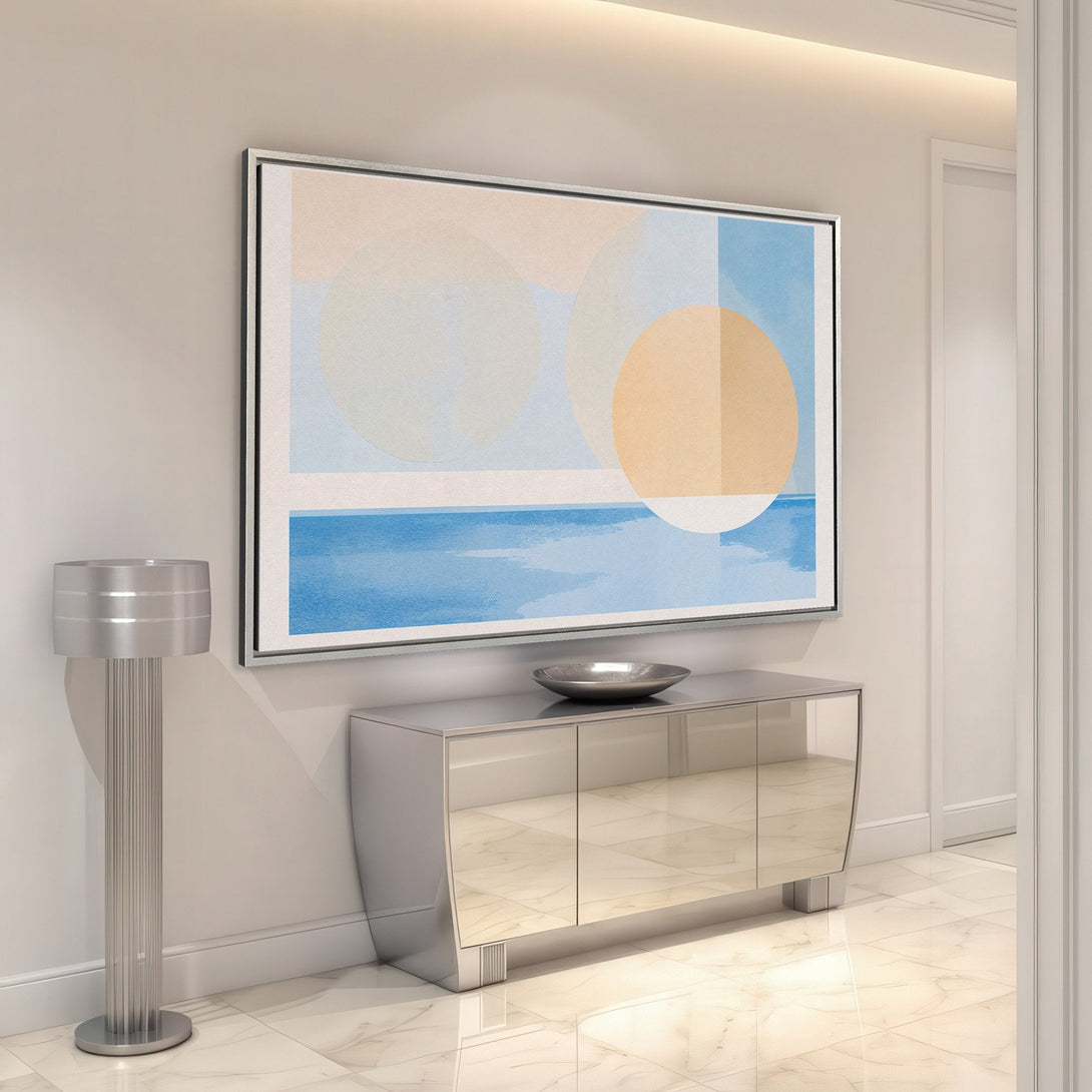 Framed Wall Art featuring an abstract geometric design in soft blue, peach, and beige tones, perfect for modern home decor.