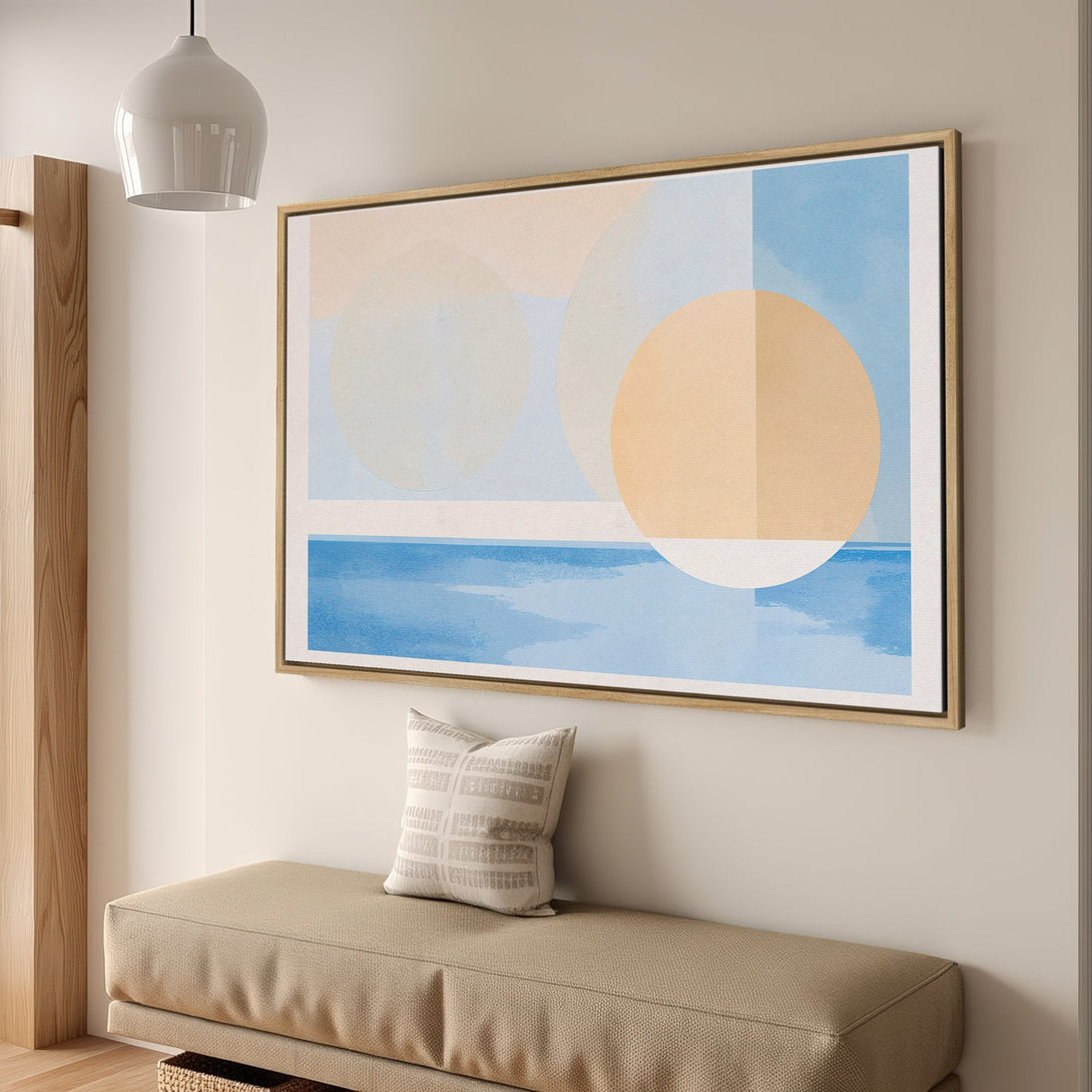 Framed Wall Art: Abstract geometric art print in pastel blue, peach, and beige. Modern canvas art for a stylish interior.