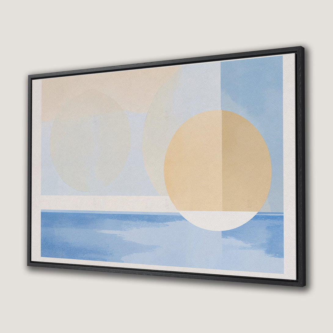 Framed Wall Art: Abstract geometric art in a modern style. Features a calming blue, beige, and white color palette. Perfect for adding a touch of elegance.