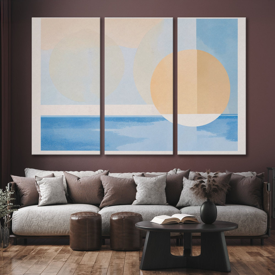 Abstract Canvas Print triptych with geometric shapes and a calming blue and beige palette. Modern wall art for living room decor.
