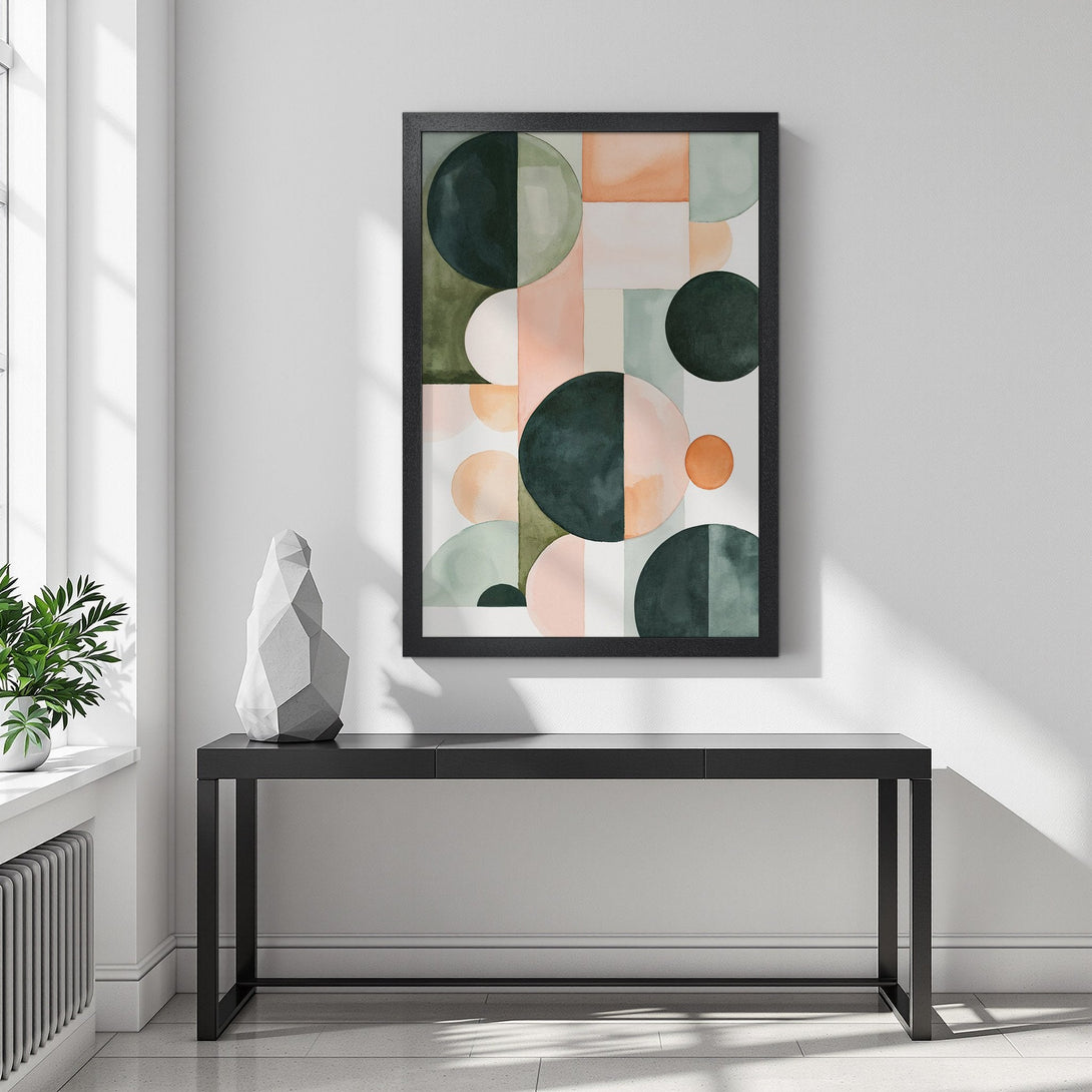 Framed Poster featuring abstract geometric art in a modern style with a muted color palette of greens, pinks, and oranges. Perfect wall decor!