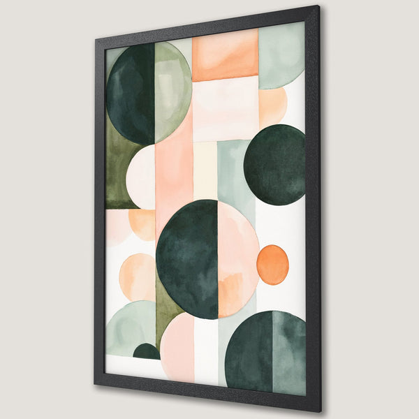 Framed Poster featuring an abstract geometric design with circles, squares, and a watercolor effect. Earthy tones of green, peach, and pink.