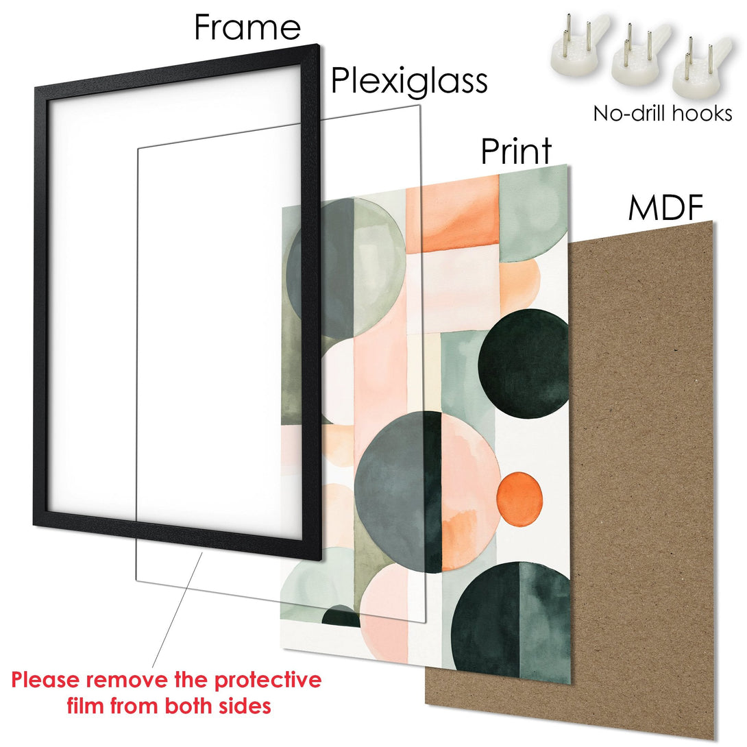 Framed Poster with abstract geometric art. Features a modern design with a pastel color palette of peach, green, and gray. Ready to hang.